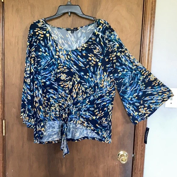 Zac & Rachel top abstract print w stretch & tie detail at hemline boho casual 2X - Picture 12 of 17